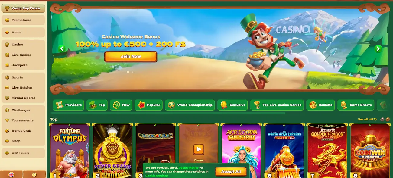 Startseite und Casino-Lobby von Greenluck Casino