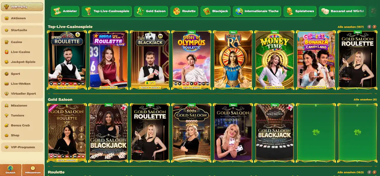 Live-Casino-Lobby mit Tischübersicht bei Greenluck Casino