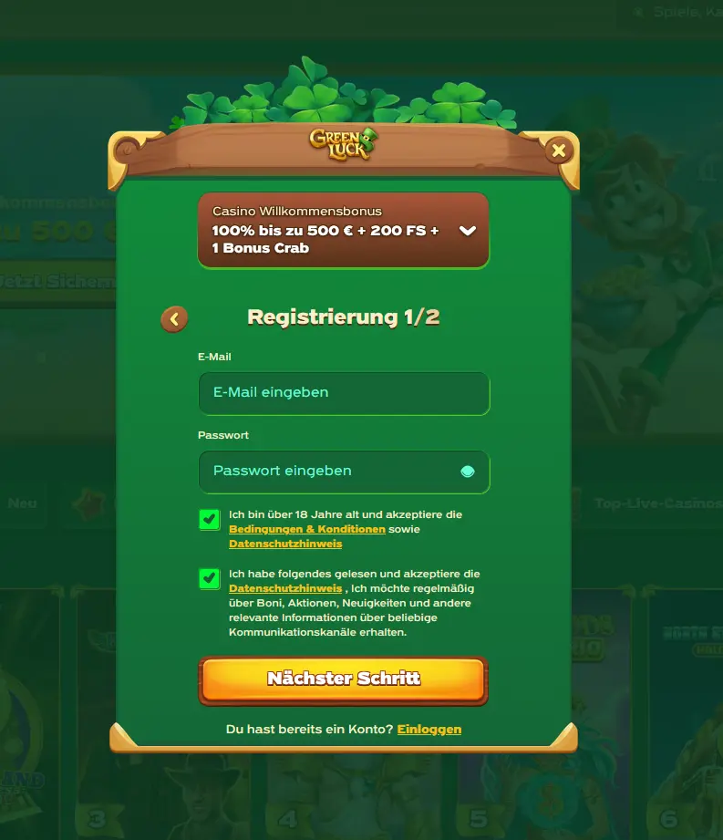 Registrierungsformular von Greenluck Casino