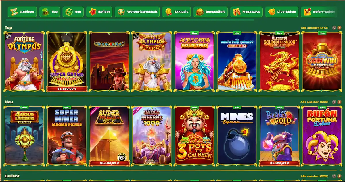 Slot-Lobby von Greenluck Casino mit Kategorien und Suchfunktion