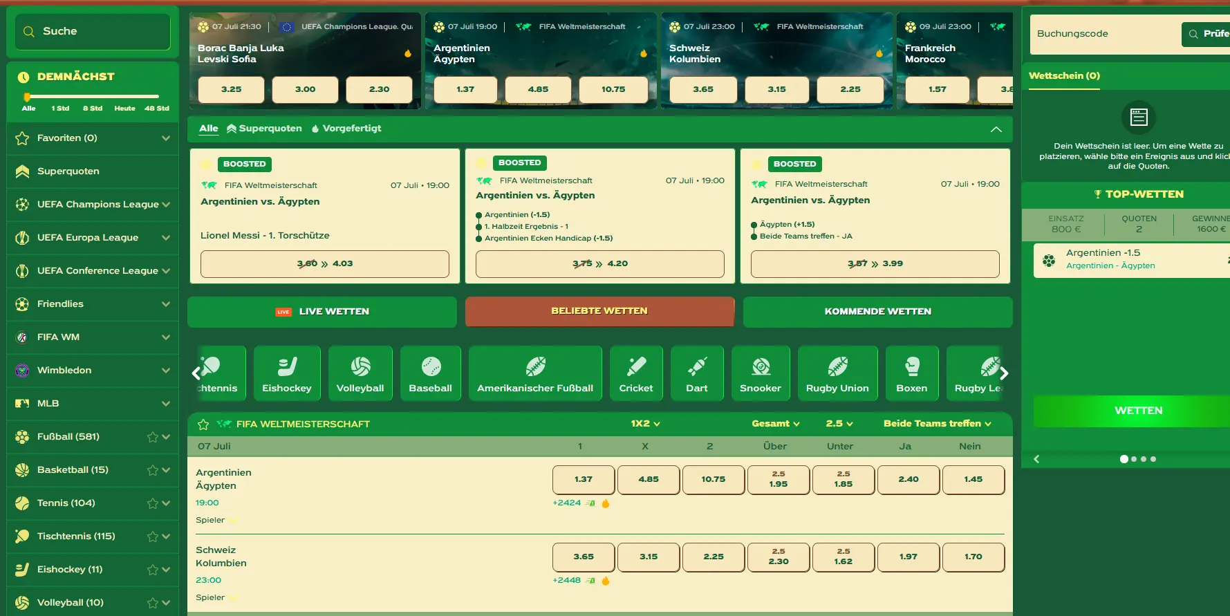 Sportwetten-Übersicht von Greenluck Casino