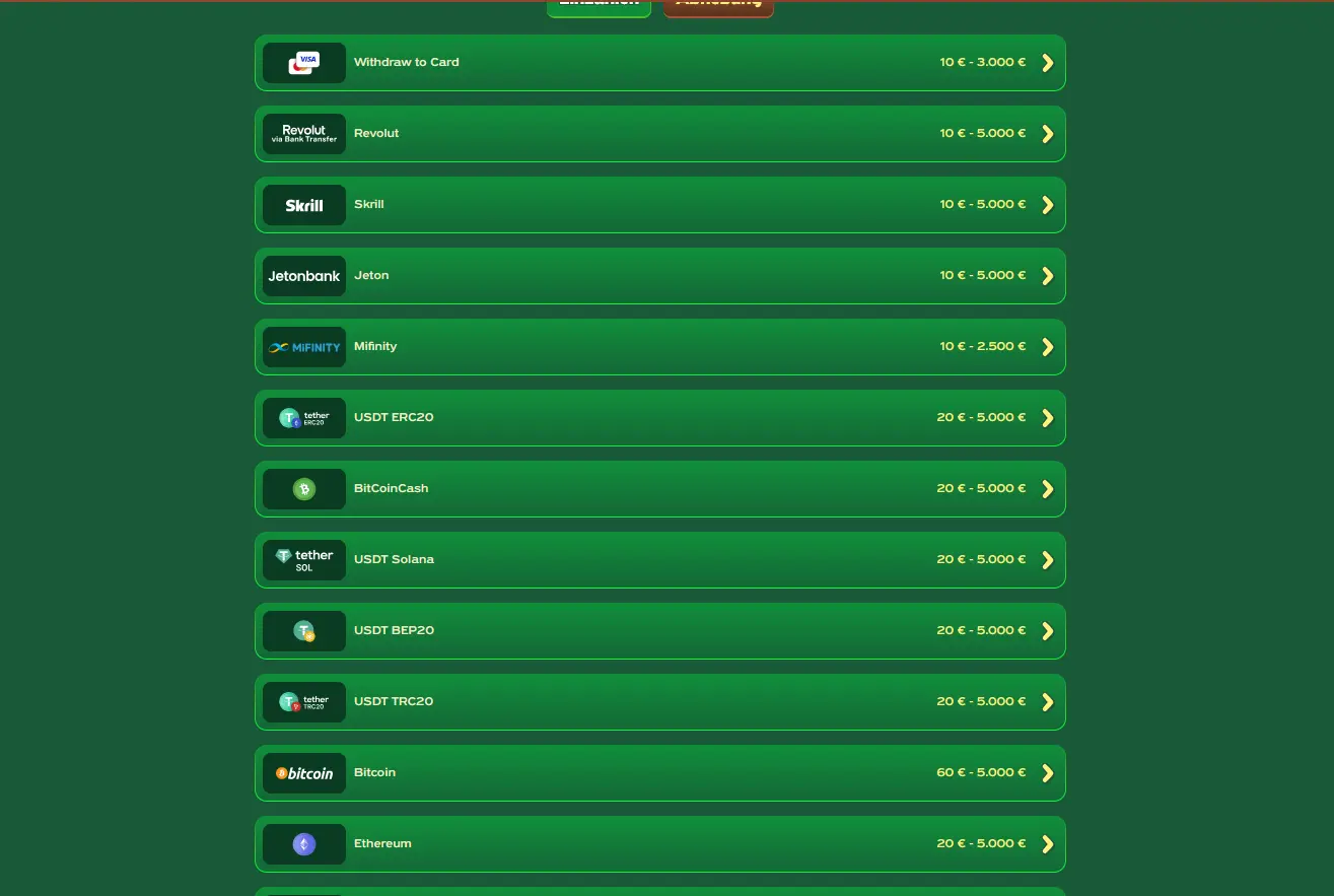 Auszahlungsmethoden im Konto-Dashboard von Greenluck Casino